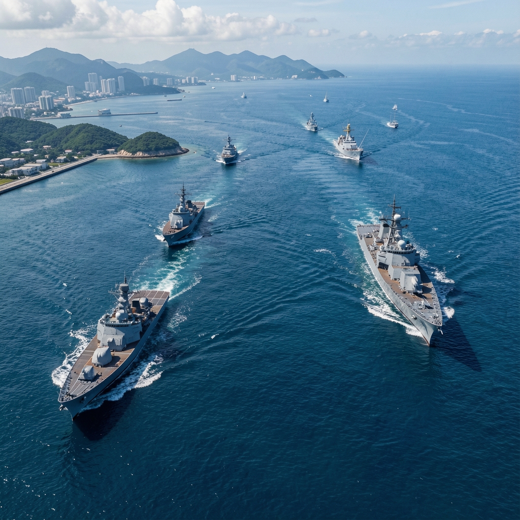 Photographie satellite du détroit de Taiwan avec présence de navires militaires des deux rives, symbolisant la confrontation géopolitique dans la région indo-pacifique