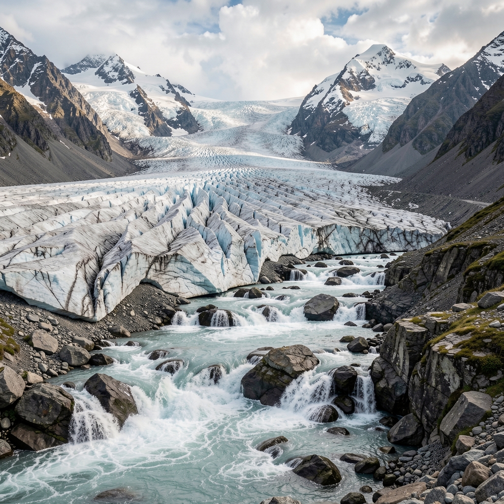 Glacier alpin en fonte avec des torrents d'eau glaciaire en contrebas, témoignant du recul des glaces dû au réchauffement climatique