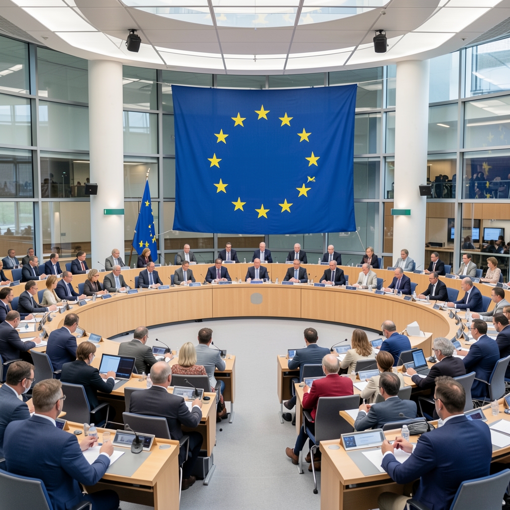 Session plénière du Parlement européen à Strasbourg avec les eurodéputés en séance de vote, drapeau européen en arrière-plan