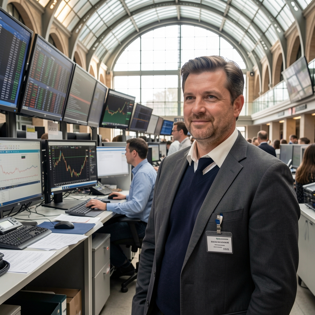 Trader dans une salle de marchés de Francfort entouré d'écrans affichant des courbes de taux d'intérêt et indices boursiers en temps réel