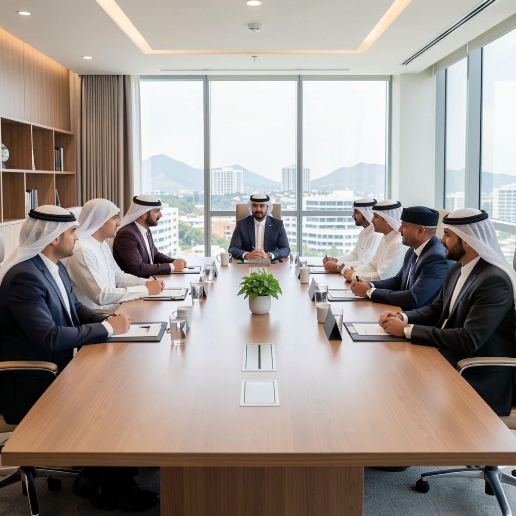 Réunion de diplomates arabes autour d'une table de conférence à Abu Dhabi, avec drapeaux nationaux, symbolisant les nouvelles alliances du Moyen-Orient