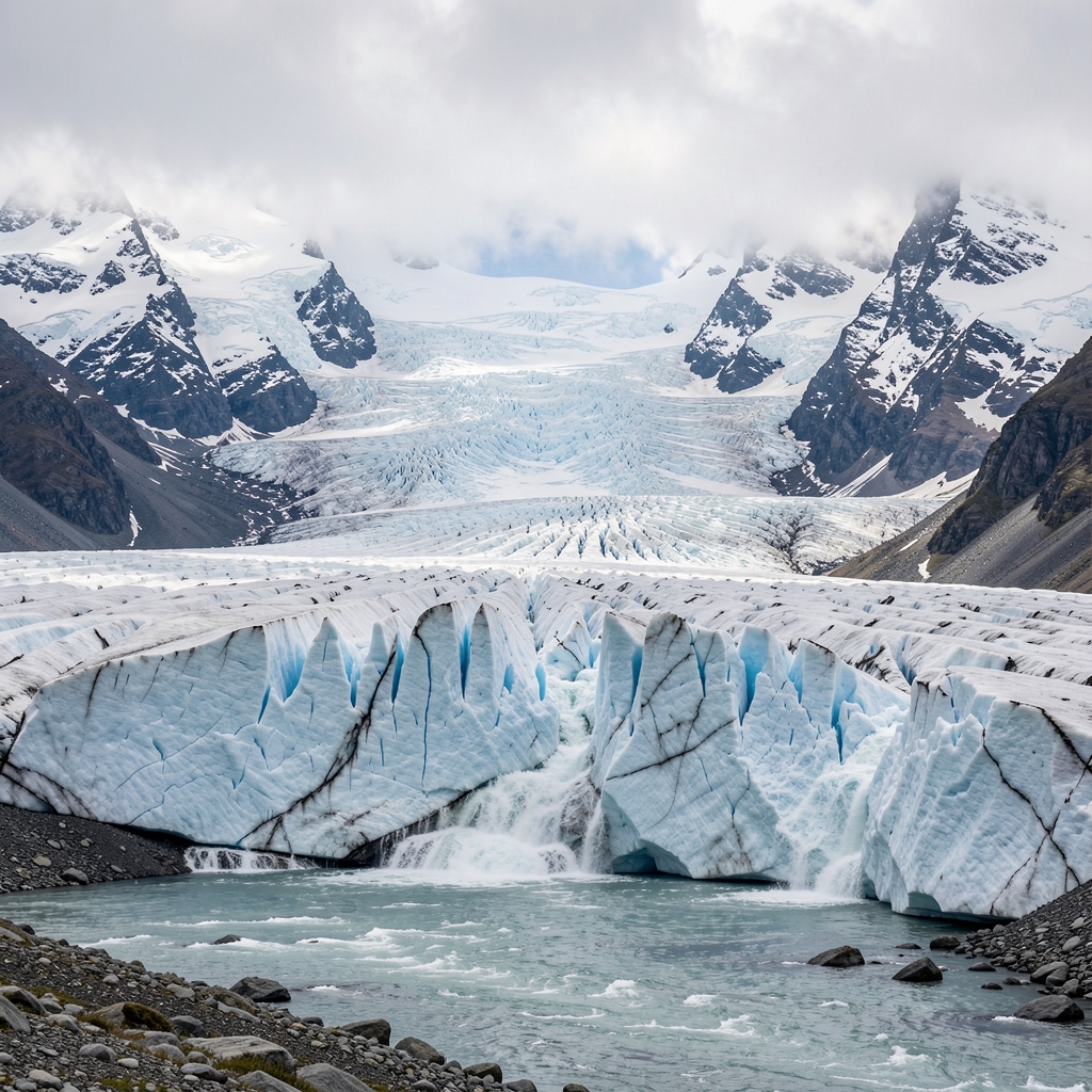 Glacier alpin en fonte avec des eaux de ruissellement, montagne enneigée en arrière-plan sous ciel nuageux
