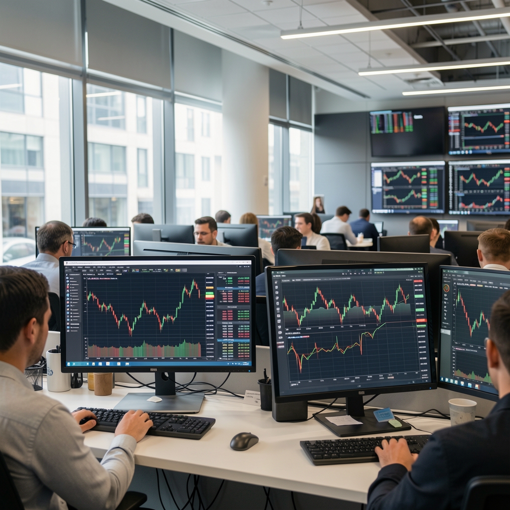 Graphiques boursiers et données financières sur écrans dans une salle de marché moderne, traders en arrière-plan