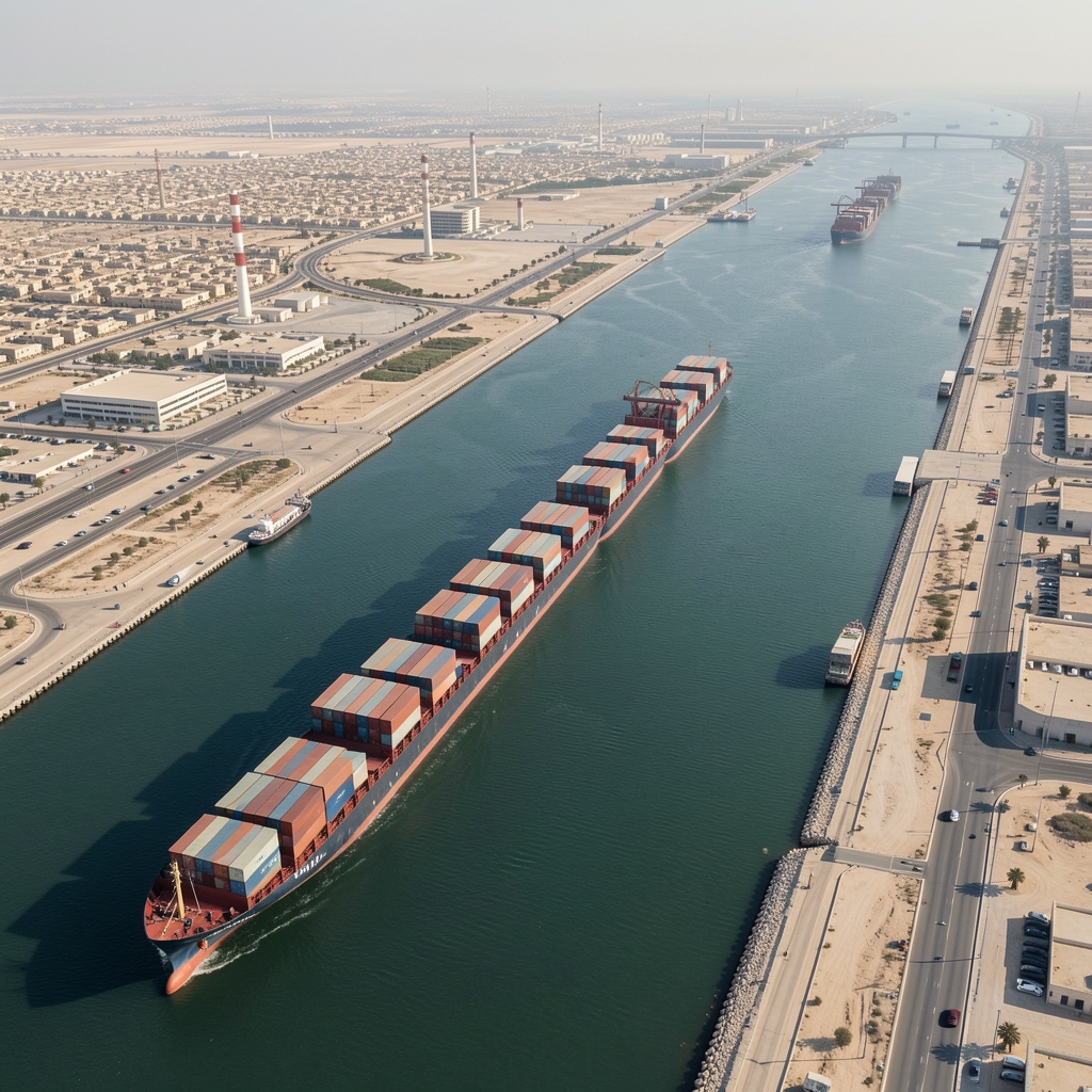 Vue aérienne du canal de Suez avec des porte-conteneurs en file d'attente, illustrant les enjeux de contrôle des routes maritimes mondiales