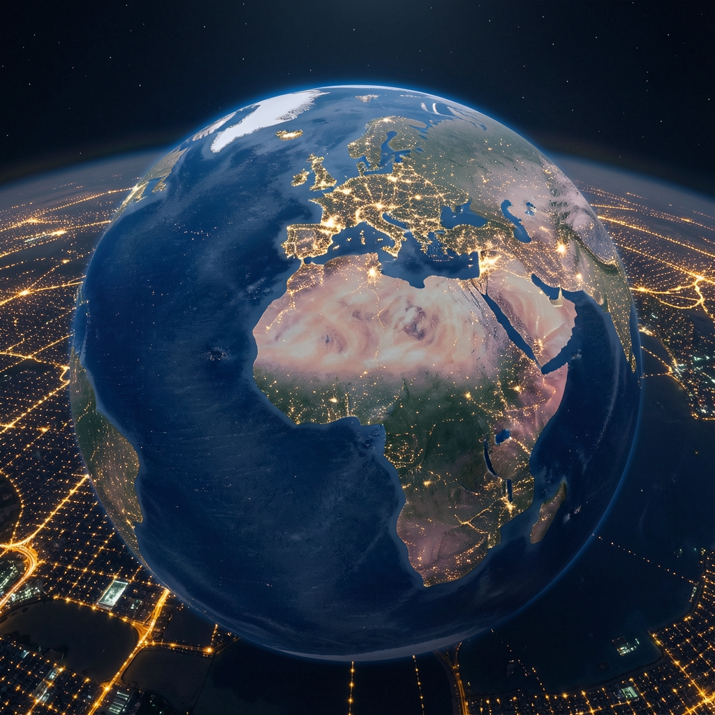 Vue aérienne nocturne du globe terrestre avec les lumières des grandes métropoles mondiales visibles depuis l'espace, illustrant les interconnexions géopolitiques