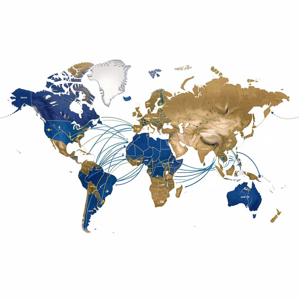 Infographie détaillée montrant les principaux flux commerciaux mondiaux en 2024 avec des flèches proportionnelles aux volumes entre continents, fond blanc, palette bleue et dorée