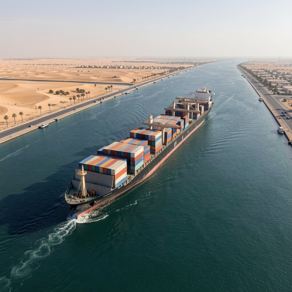 Cargo porte-conteneurs traversant le canal de Suez, vue aérienne avec désert égyptien visible sur les rives