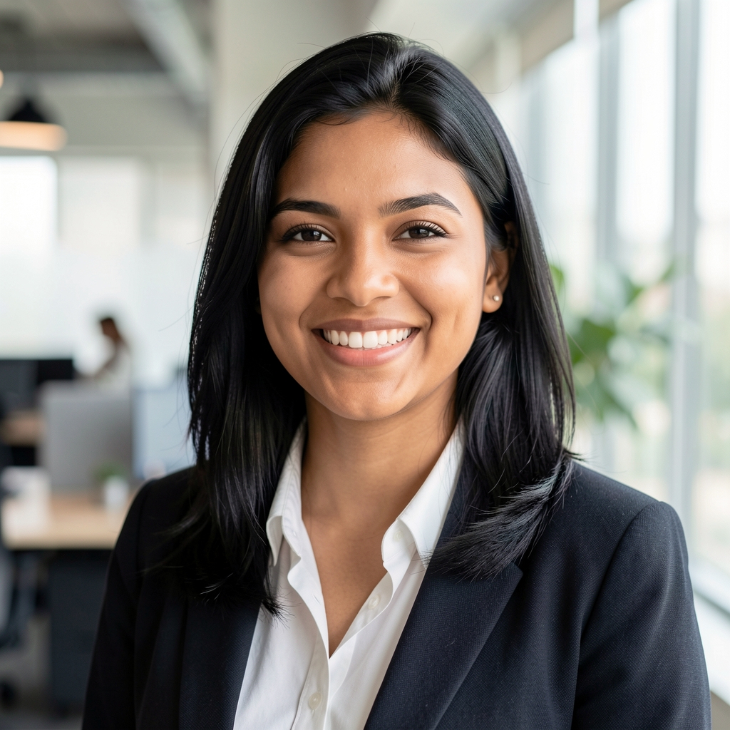 Portrait de Claire Fontaine, analyste géopolitique, jeune femme professionnelle, cheveux noirs mi-longs, sourire franc, bureau lumineux en arrière-plan