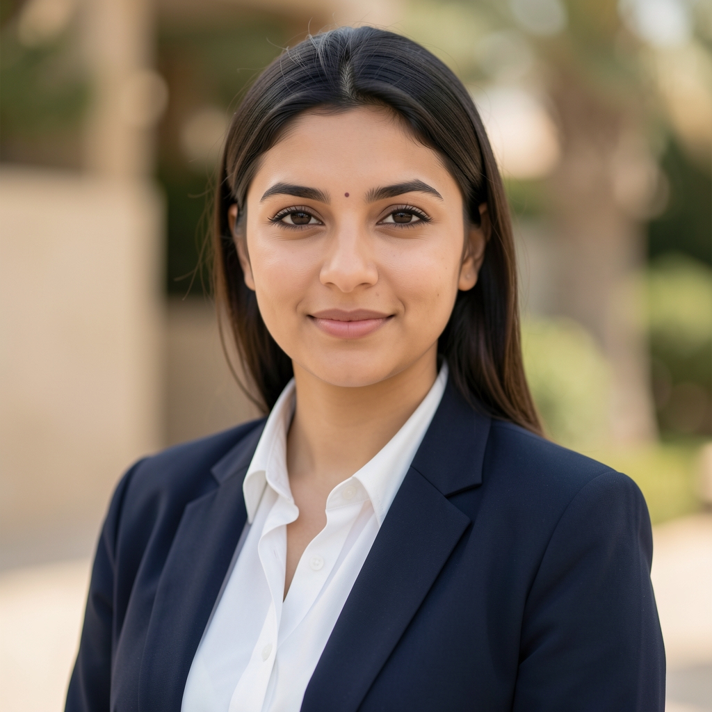 Portrait de Nadia Benali, correspondante Moyen-Orient, femme d'une trentaine d'années, tenue professionnelle, regard engagé, arrière-plan désert urbanisé