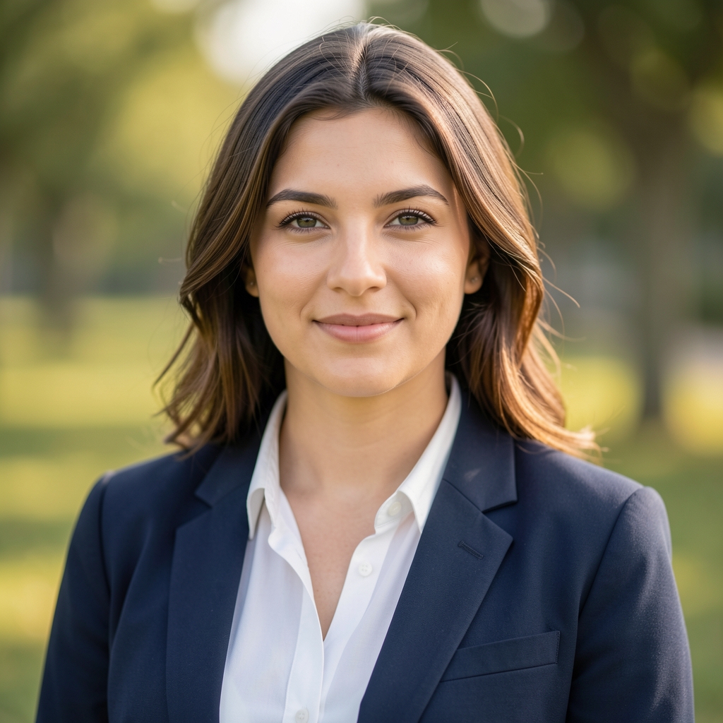 Portrait de Sophie Vernet, chroniqueuse environnement et climat, femme d'une quarantaine d'années, air serein, arrière-plan naturel verdoyant légèrement flou